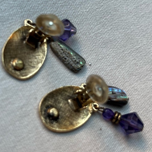 Clip On Earrings Gold Tone Abalone with Purple Vintage Feminine - Picture 2 of 4